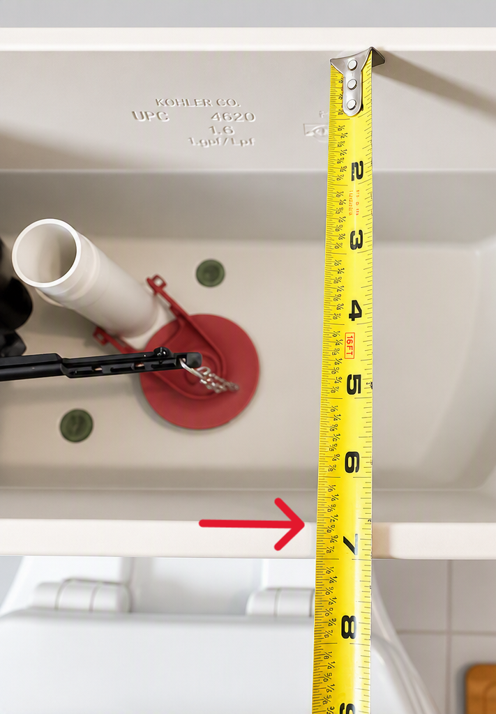A yellow tape measure is shown inside a white toilet tank, measuring the distance from the rim to the bottom. A red arrow points to the measurement, and a toilet is partially visible in the background.